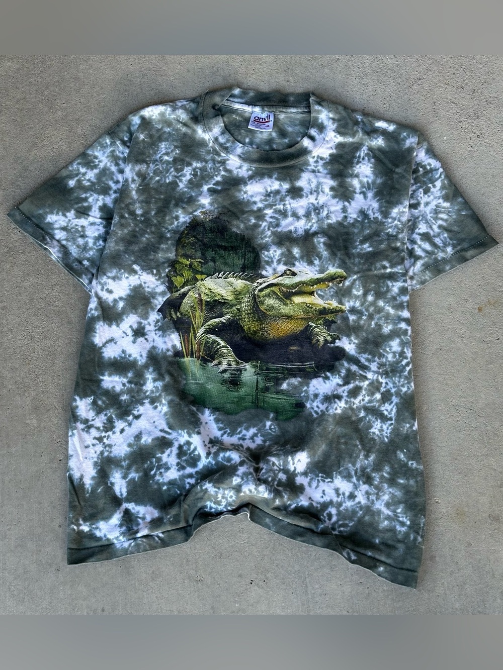 Anvil Mens Vintage Green Tie-Dye Alligator T-Shirt VTG 90s Rare Single Stitch M